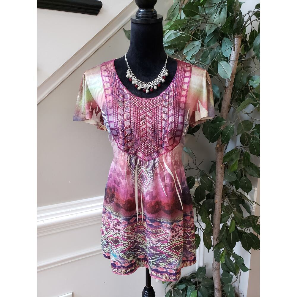 One World Blouse Top Womens Medium Multi Beaded Stretch Cap Sleeve Round Neck